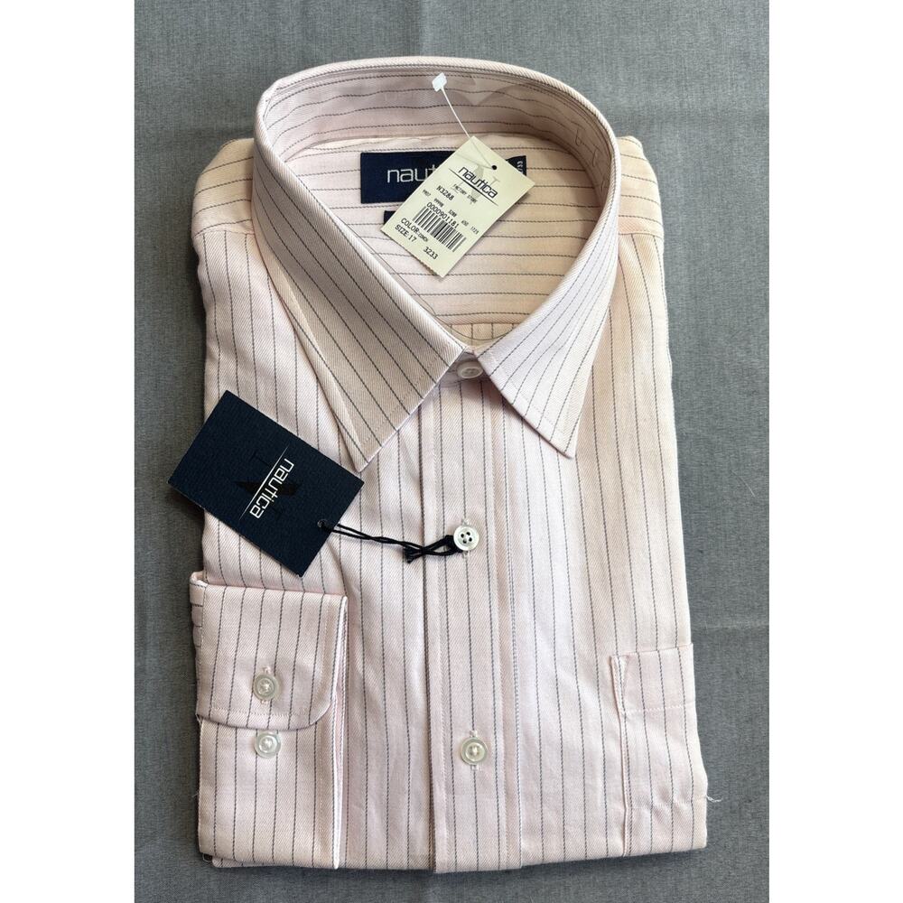 Nautica Men’s Stripe Long-Sleeve Button-Down Shirt 100% Cotton Pink XL 17 32/33